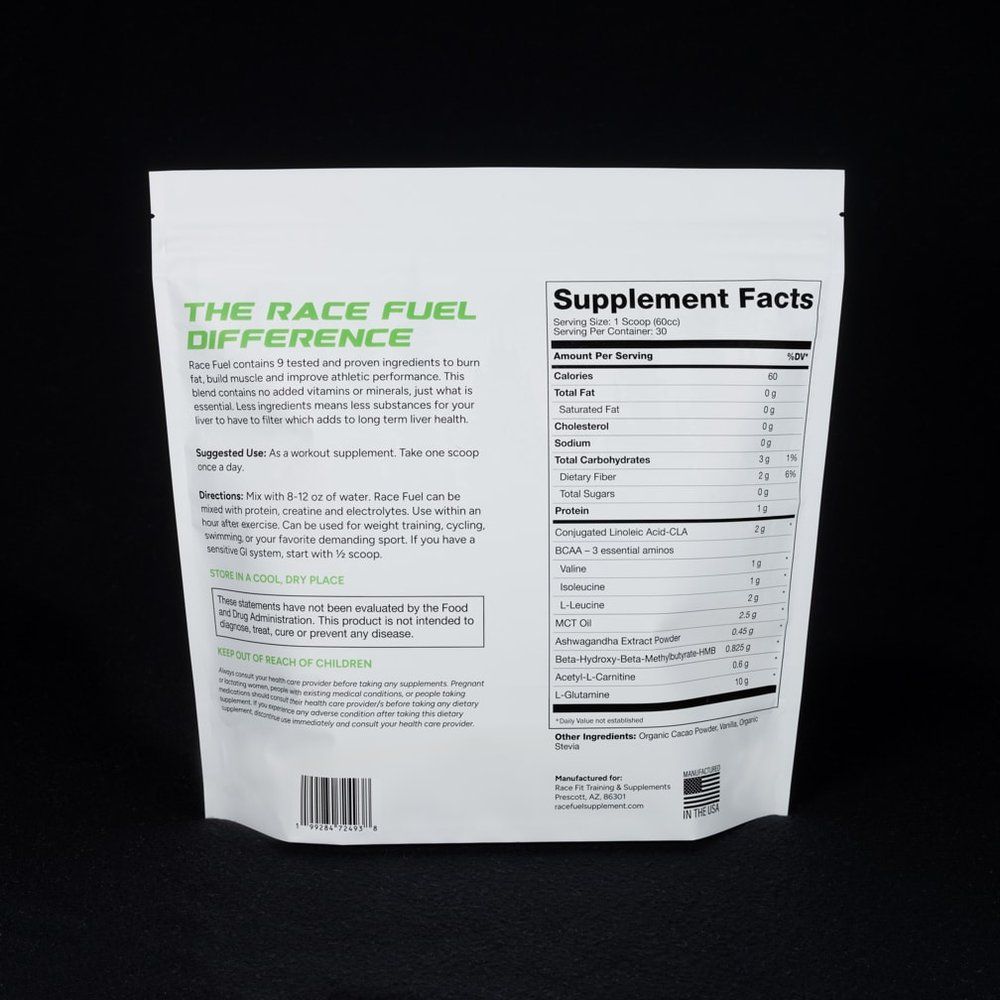 Arm pump issues in Prescott: back of the Race Fuel pouch with the supplement facts panel and directions